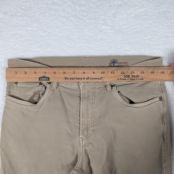 Faherty Jeans Mens 32x32 Beige Slim Straight Stretch Denim Pants Leather Patch - Picture 7 of 13